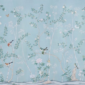 Handpainted Silk Wallpaperchinoiserie Birds and Flower in - Etsy