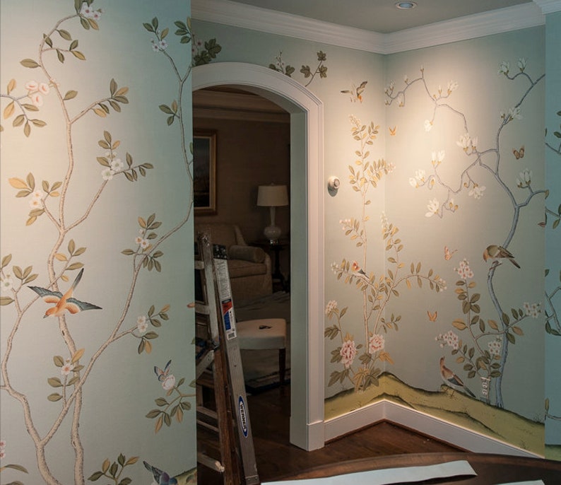1012 custom Chinoiserie Wallpaper Duck Egg Blue Silk Wallpapercustom