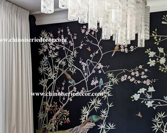 ChinoiserieWallpaper on black dyed silk wallpaper-----black silk wallpaper--reserved for Julia