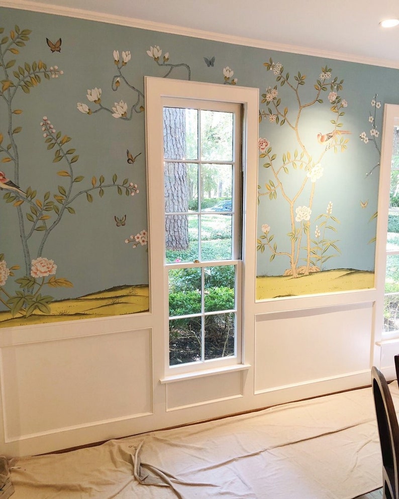 1012 custom Chinoiserie Wallpaper Duck Egg Blue Silk Wallpapercustom