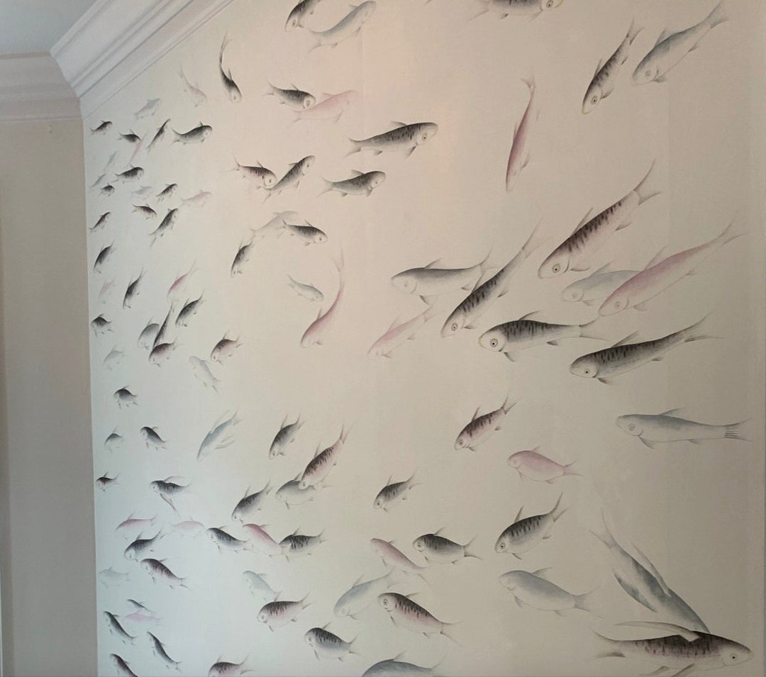 Koi Fish Wallpaper, Handpainted Wallpaper on Ice Blue---one Sample With