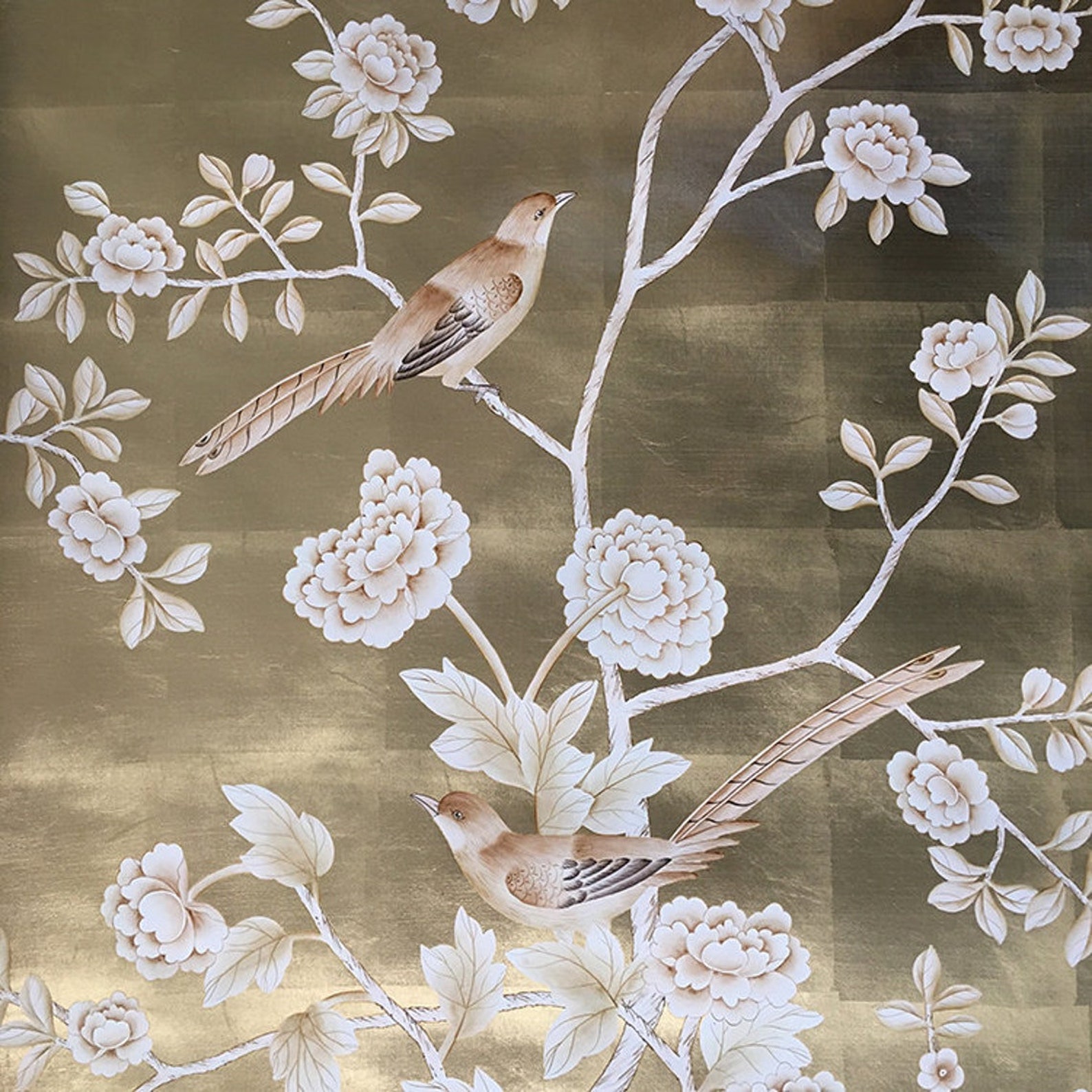 Chinoiserie Wallpaper, Hand Painted Gold Metallic Wallpaper Chinoiserie