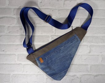 UPCYCLING Sling bag, cross bag or bum bag made of gray faux leather and jeans