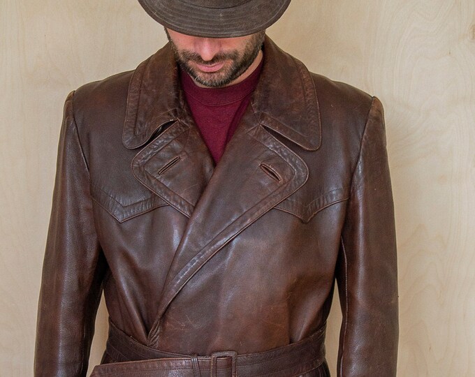 Men's Brown Leather Long Belted Trench Coat Vintage - Etsy