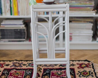 Vintage Bohemian Bamboo Plant Stand, White Painted Rattan