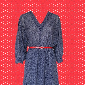 Handmade Womans Blue Polka Dot Midi Dress | Long  Sleeve Dress Medium V Neck 80&#39;s