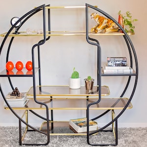 Hollywood Regency Brass Glass Round Shelf  1970s