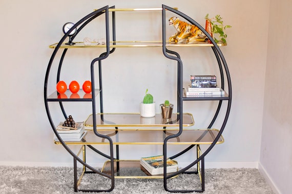Hollywood Regency Brass Glass Round Shelf  1970s