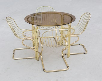 Gastone Rinaldi Style Smoked Glass Brass Table And Chair Set