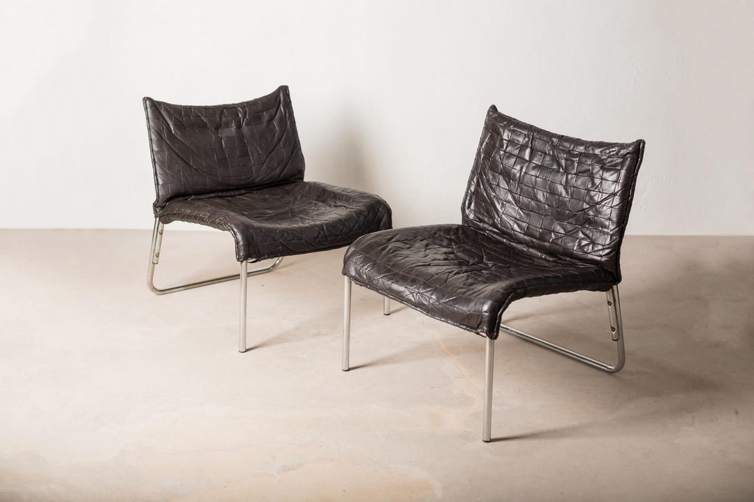 Mid-century Scandinavian Black Patchwork Leather Lounge Chair From