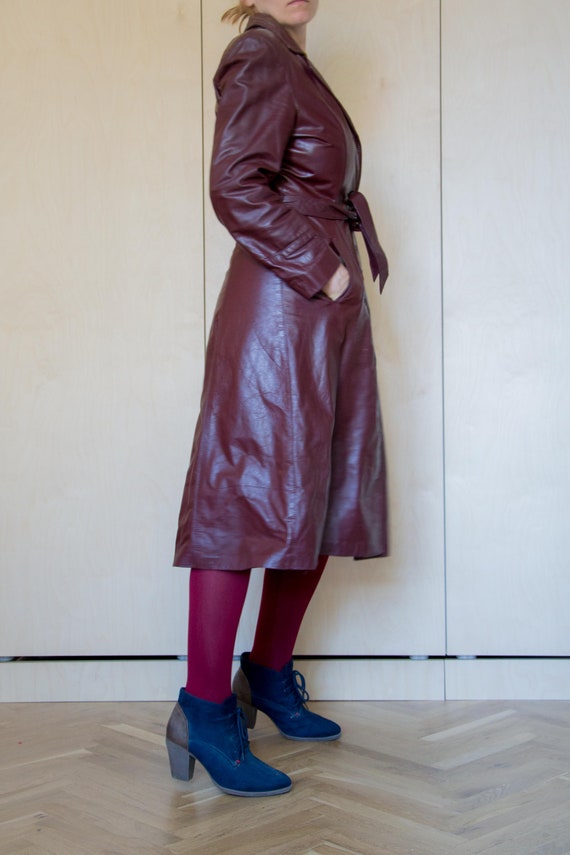 Leather Belted Trench Coat Vintage 70's / Burgundy Leather Wrap