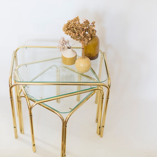 Vintage small nesting tables, Mid-Century Gold  and Glass Nesting Coffee Tables