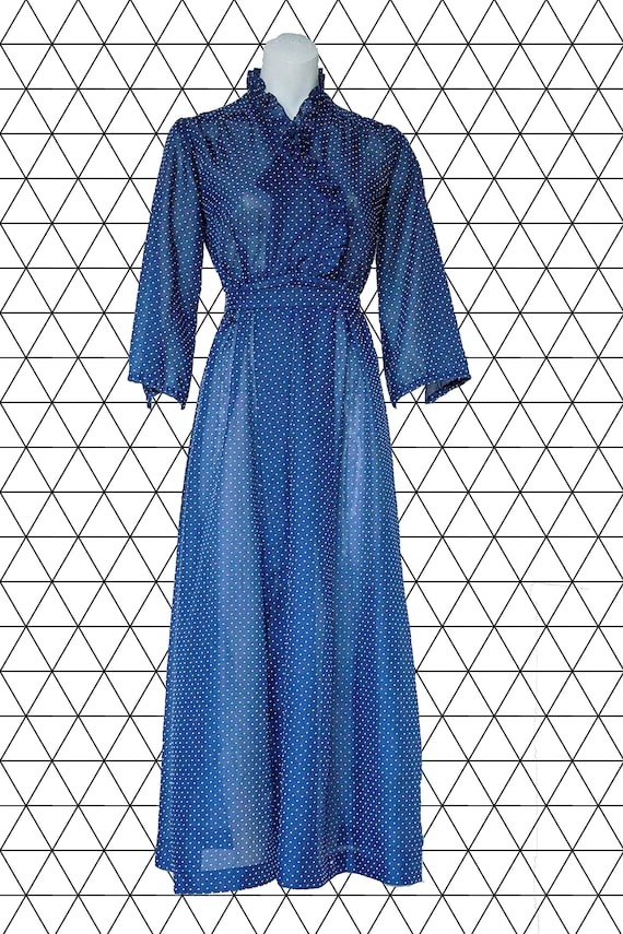 80s Polka Dot Navy Blue Long Sleeve Belted Long Dress