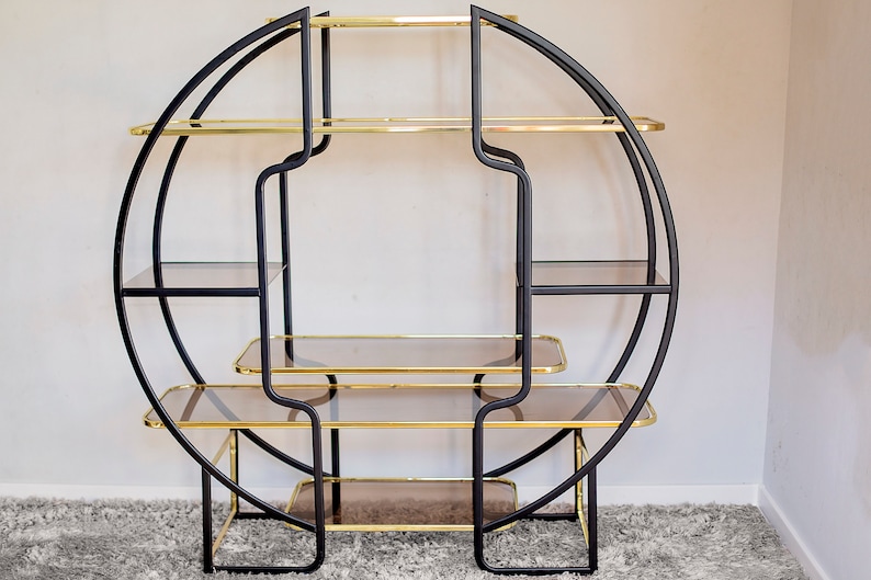 Hollywood Regency Brass Glass Round Shelf 1970s image 3