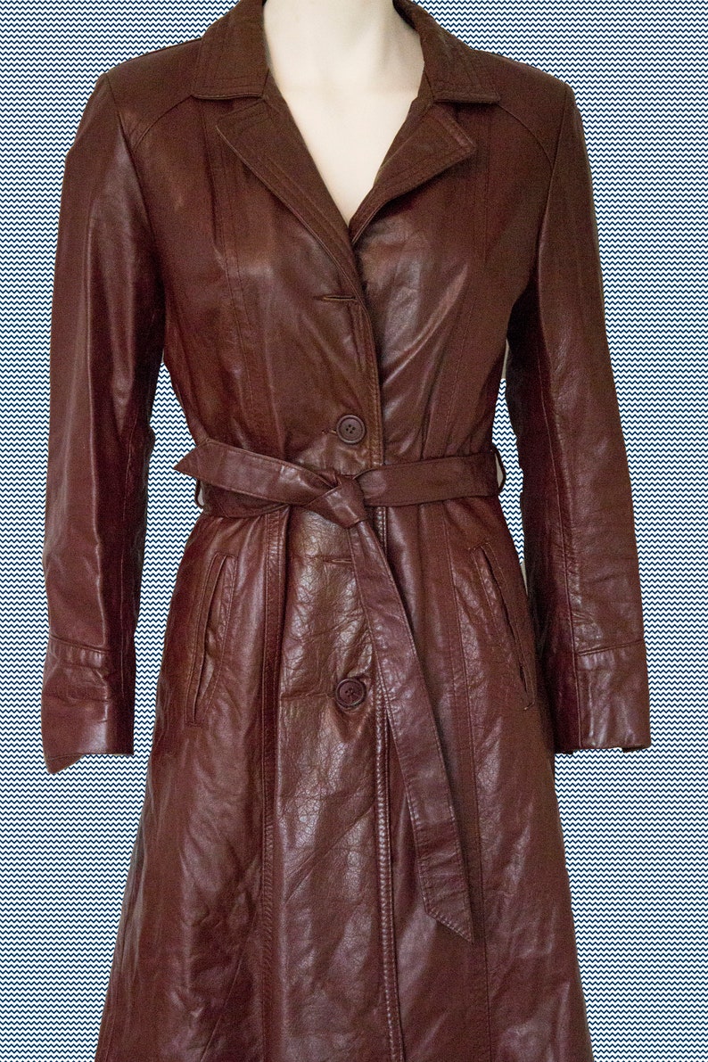 Leather Belted Trench Coat Vintage 70's / Burgundy Leather Wrap Jacket
