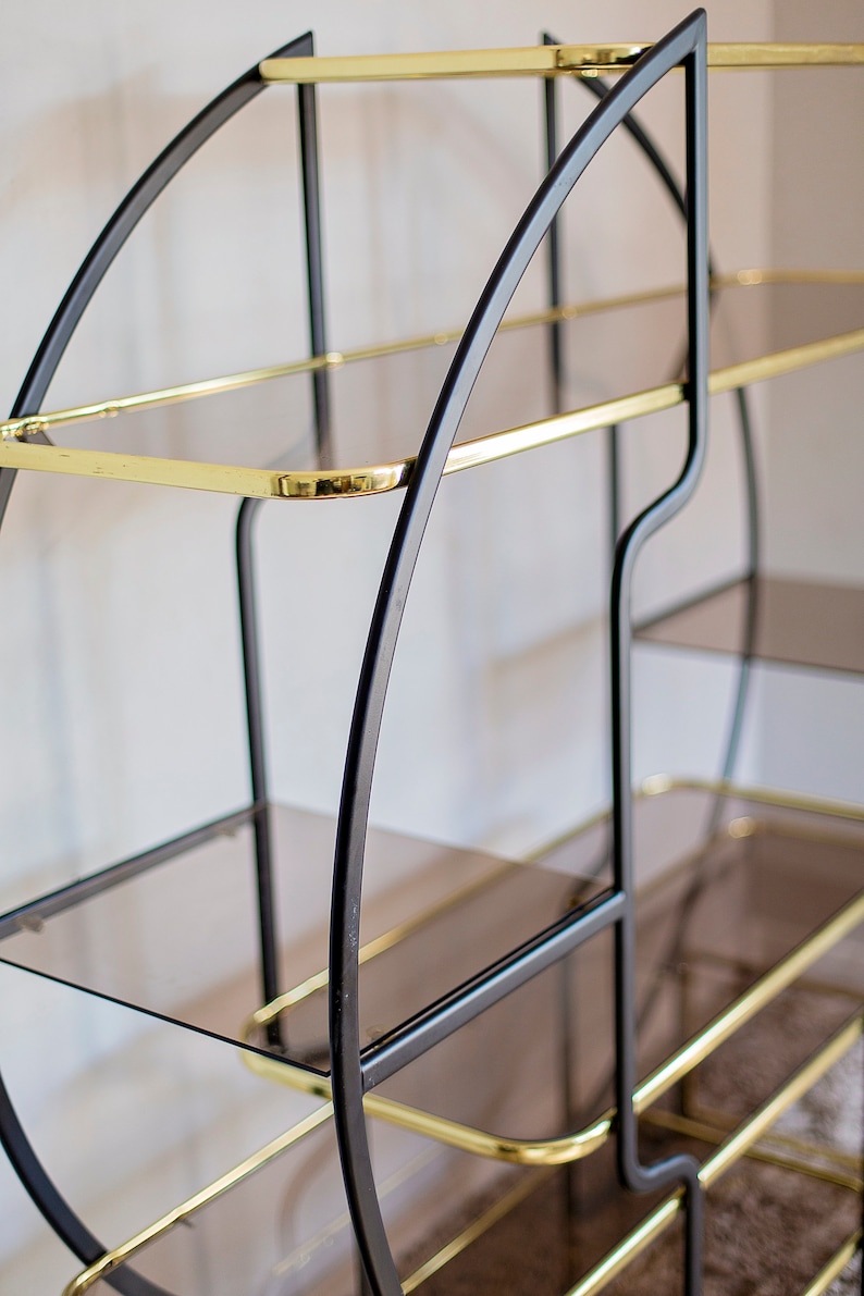 Hollywood Regency Brass Glass Round Shelf 1970s image 5