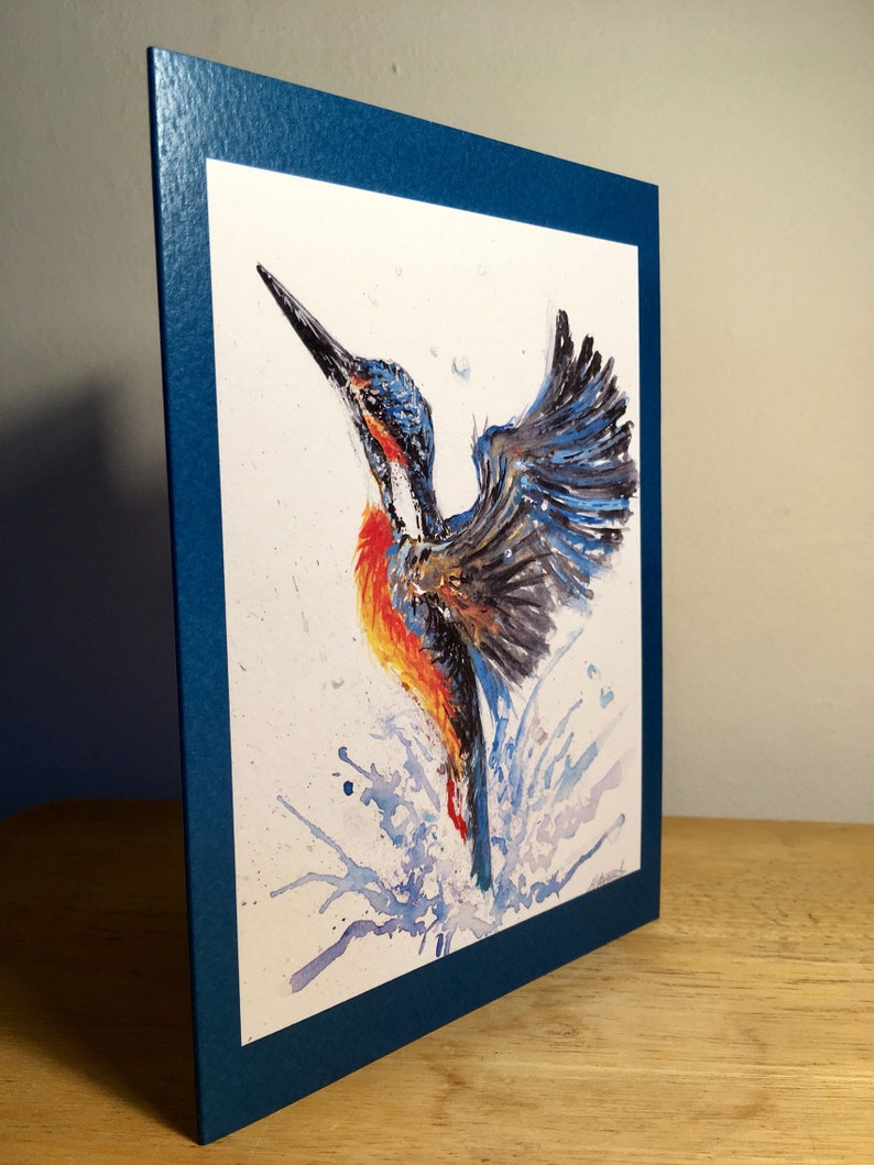 bright blue orange watercolour bird painting british wildlife unique birthday present greeting card any occasion Kingfisher in flight