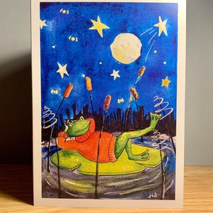 Carte d'observation des étoiles avec grenouille, illustrations pour enfants, espace, lune et étoiles, image de nuit étoilée, art de livre de contes, anniversaire en toute occasion