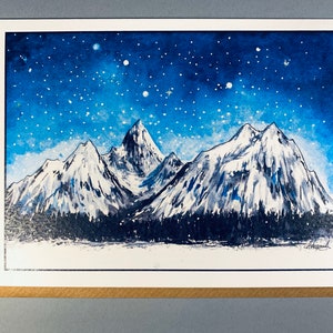 Snowy Mountain Card, Winter wonderland, Seasonal greetings Christmas card, winter climbing adventures, starry watercolour sky