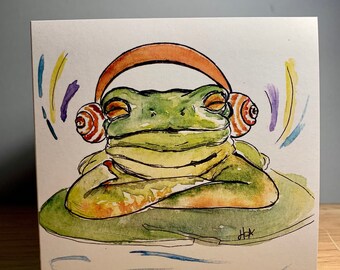 Children’s Animal Birthday Card, Chilled Green Frog, Just Chilling, Music Lovers, Little Frog on Lilly pad, Recycled Greeting Card