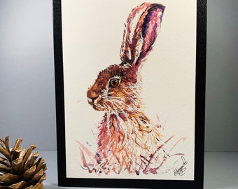 Purple Hare Greeting Card, Rabbit Card, British wildlife art, Animal Art, Watercolour print, unique design, countryside home decor