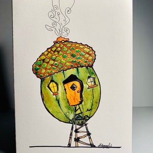 Biglietto nuova casa, casa dolce casa, piccola ghianda, opera d'arte del bosco a tema natura acquerello, le fate vivono qui