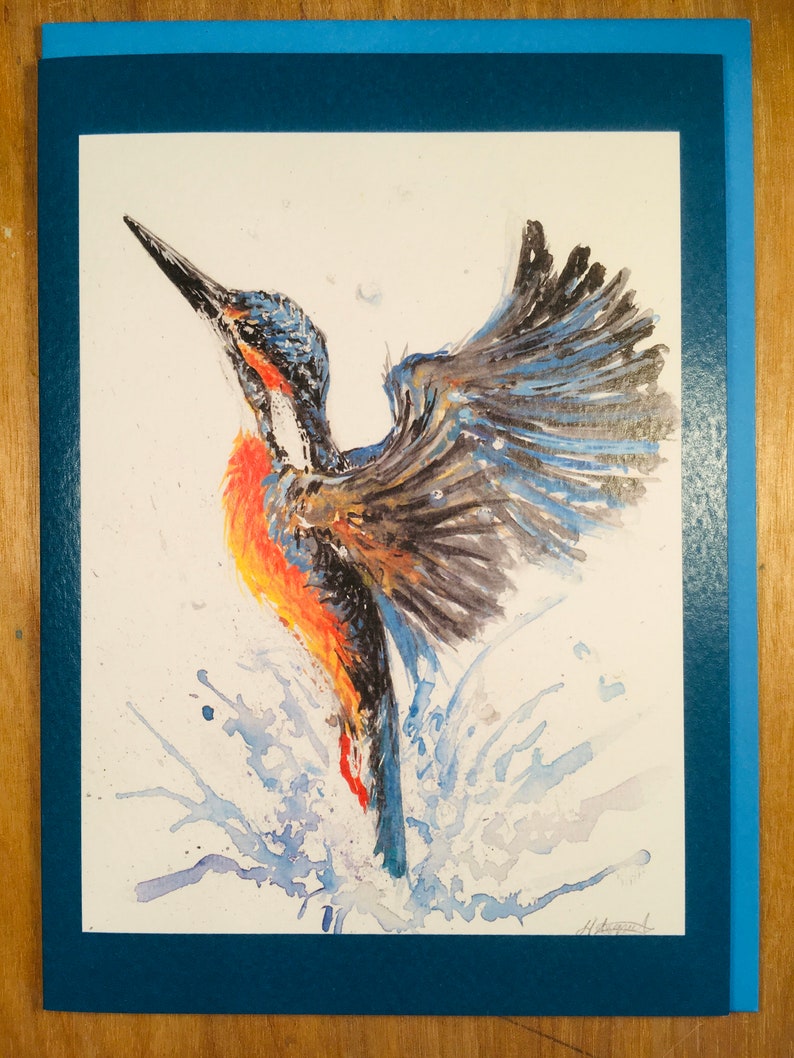 bright blue orange watercolour bird painting british wildlife unique birthday present greeting card any occasion Kingfisher in flight