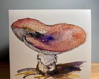 Kaart roze paddestoel: handgemaakte aquarelprint, gerecycled, funky fungikunst, wenskaart, bosrijke illustratie