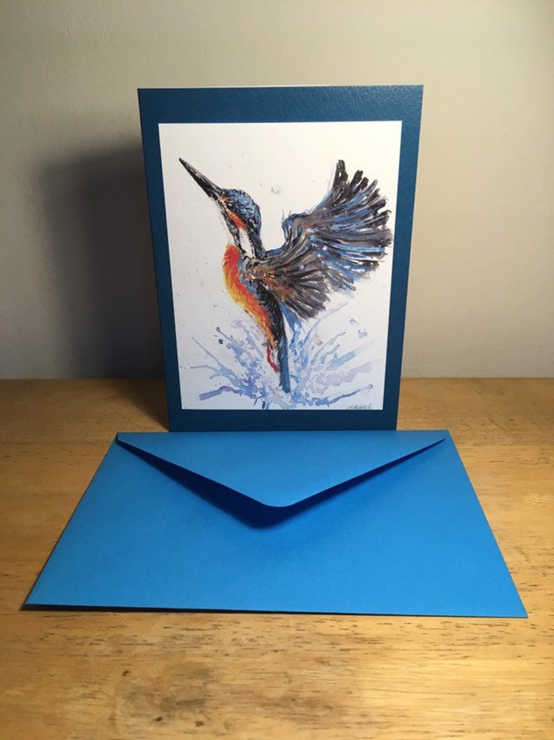 bright blue orange watercolour bird painting british wildlife unique birthday present greeting card any occasion Kingfisher in flight