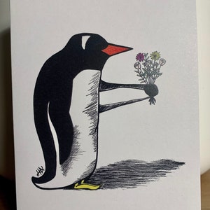 Carte de voeux de pingouin | bouquet de fleurs | Merci | Illustrations d'animaux mignons | Oeuvre d'art imprimée