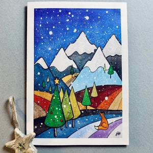 Pacote de 5 cartas Raposinha e Montanhas Nevadas | Cartão impresso em aquarela e guache | Cartão sazonal |cena de inverno | Arte Animal