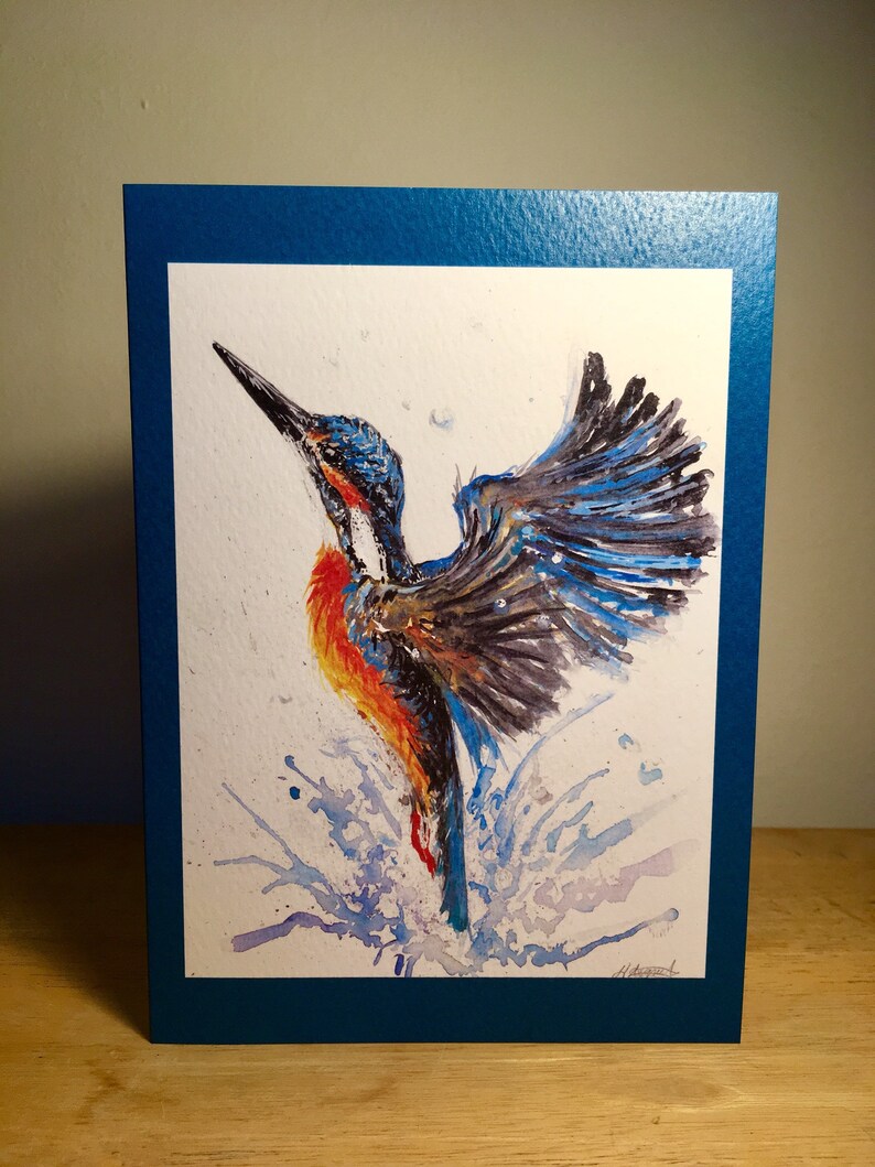 bright blue orange watercolour bird painting british wildlife unique birthday present greeting card any occasion Kingfisher in flight