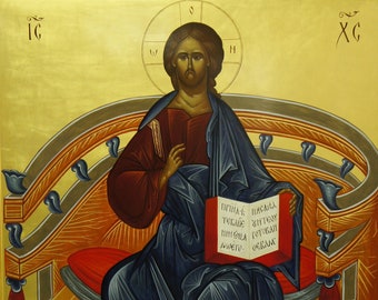 Jesus Christus auf einem Thron Jesus Christus in Majestät Christus orthodoxe Ikone von Hand bemalt byzantinische Kunst orthodoxe Taufe Geschenk Christian Home Dekor