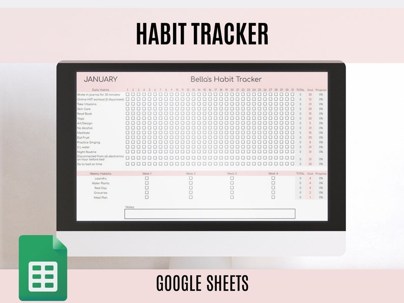 Habit tracker google sheet daily weekly monthly goals etsy