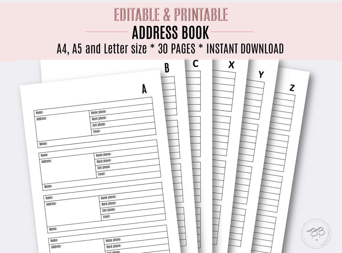 Editable &amp; Printable Address Book Printable Pages / Contact | Etsy