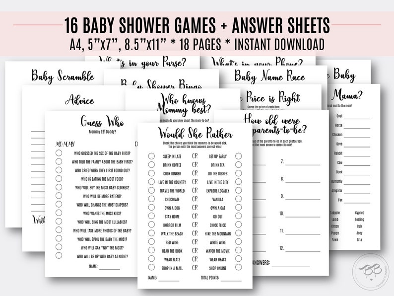 Bundle of 16 Baby Shower Games Answer Sheets/A4 5x7 Etsy