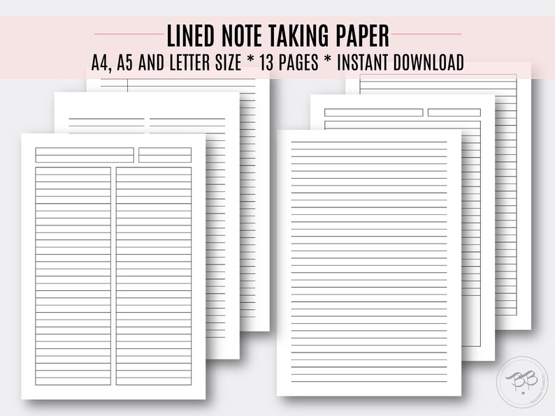 lined note taking paper a4 a5 letter size printable paper etsy