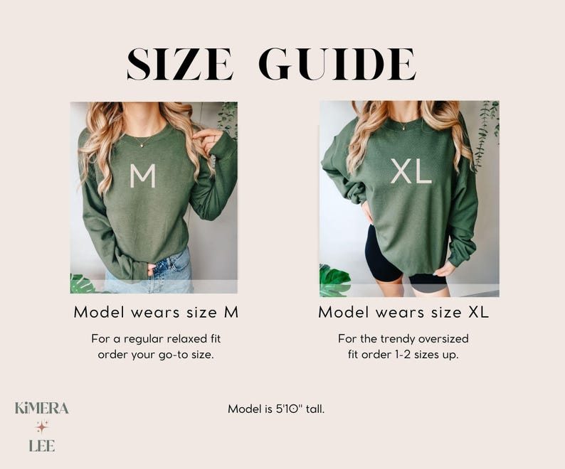 May include: Size guide graphic with two models wearing green sweatshirts. One model wears size M, the other XL. Text reads "Model wears size M. For a regular relaxed fit order your go-to size." and "Model wears size XL. For the trendy oversized fit order 1-2 sizes up."