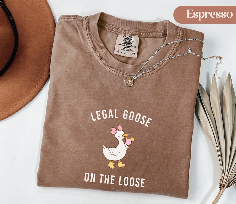 Puede incluir: Camiseta color espresso con el texto "LEGAL GOOSE ON THE LOOSE" y un dibujo de un ganso con un lazo rosa y una bebida. La camiseta tiene cuello redondo y una peque&ntilde;a etiqueta. Un collar plateado est&aacute; sobre la camiseta.