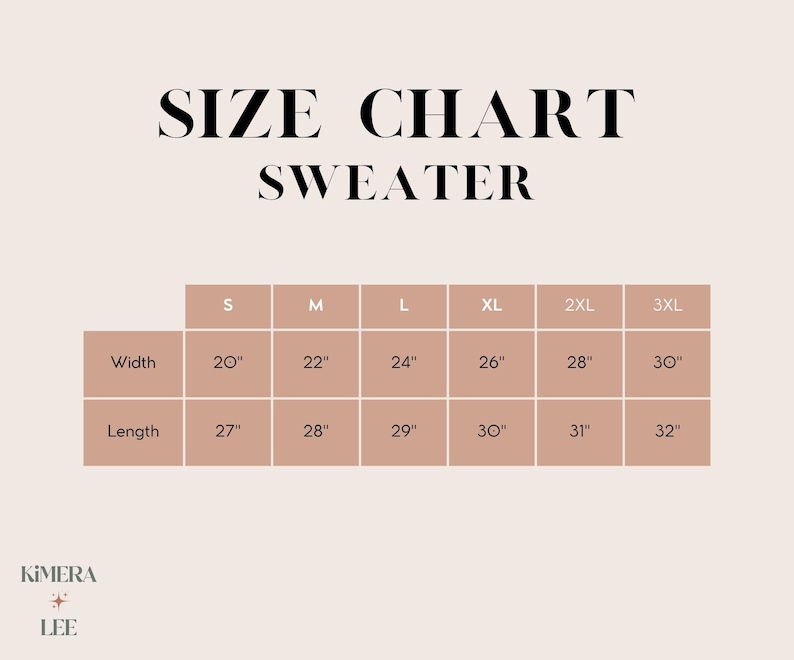 May include: A size chart for a sweater, with measurements in inches. The chart includes sizes S to 3XL, detailing width and length dimensions for each size. The background is a light beige color.
