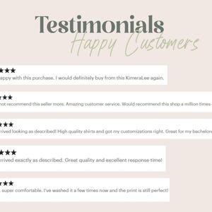 Puede incluir: Gr&aacute;fico beige con las palabras "Testimonials" y "Happy Customers" en verde. Cinco rese&ntilde;as de clientes con calificaciones de cinco estrellas destacan la calidad del producto y el servicio al cliente. El logotipo de KimeraLee est&aacute; en la esquina inferior derecha.