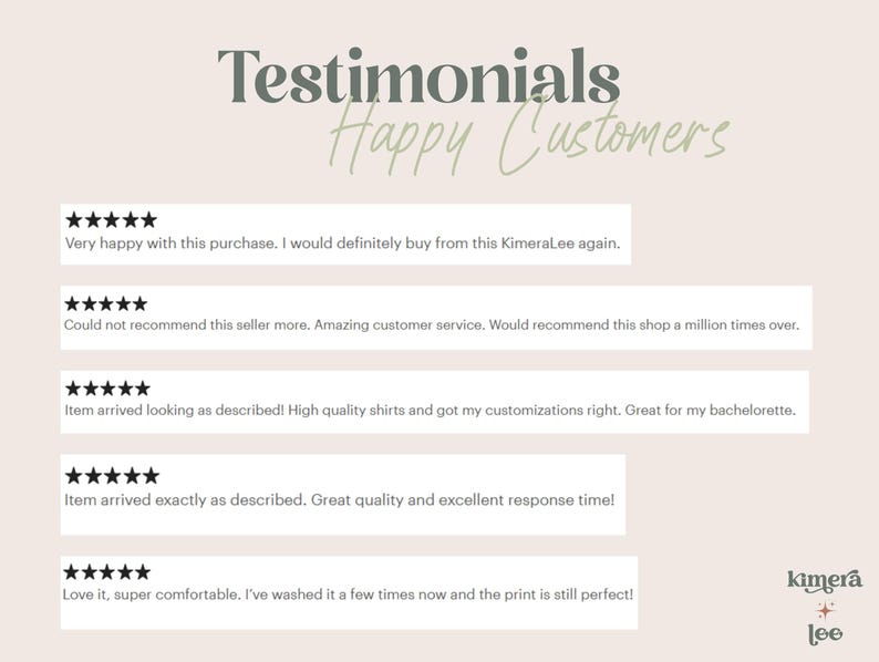 Puede incluir: Gr&aacute;fico beige con las palabras "Testimonials" y "Happy Customers" en verde. Cinco rese&ntilde;as de clientes con calificaciones de cinco estrellas destacan la calidad del producto y el servicio al cliente. El logotipo de KimeraLee est&aacute; en la esquina inferior derecha.