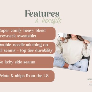 May include: Cream-colored crewneck sweatshirt. The image highlights features like a heavy blend, double-needle stitching, and no itchy side seams. The text also mentions the sweatshirt is printed in the US. The sweatshirt is shown on a person wearing blue jeans.