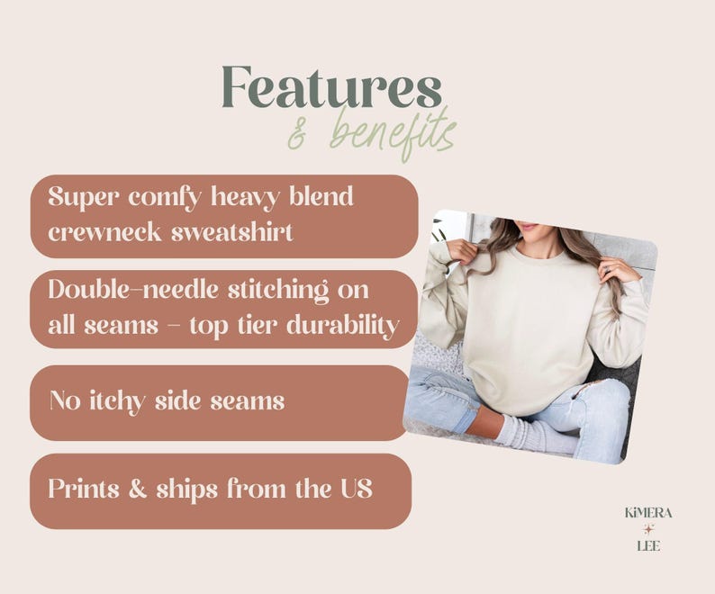 May include: Cream-colored crewneck sweatshirt. The image highlights features like a heavy blend, double-needle stitching, and no itchy side seams. The text also mentions the sweatshirt is printed in the US. The sweatshirt is shown on a person wearing blue jeans.
