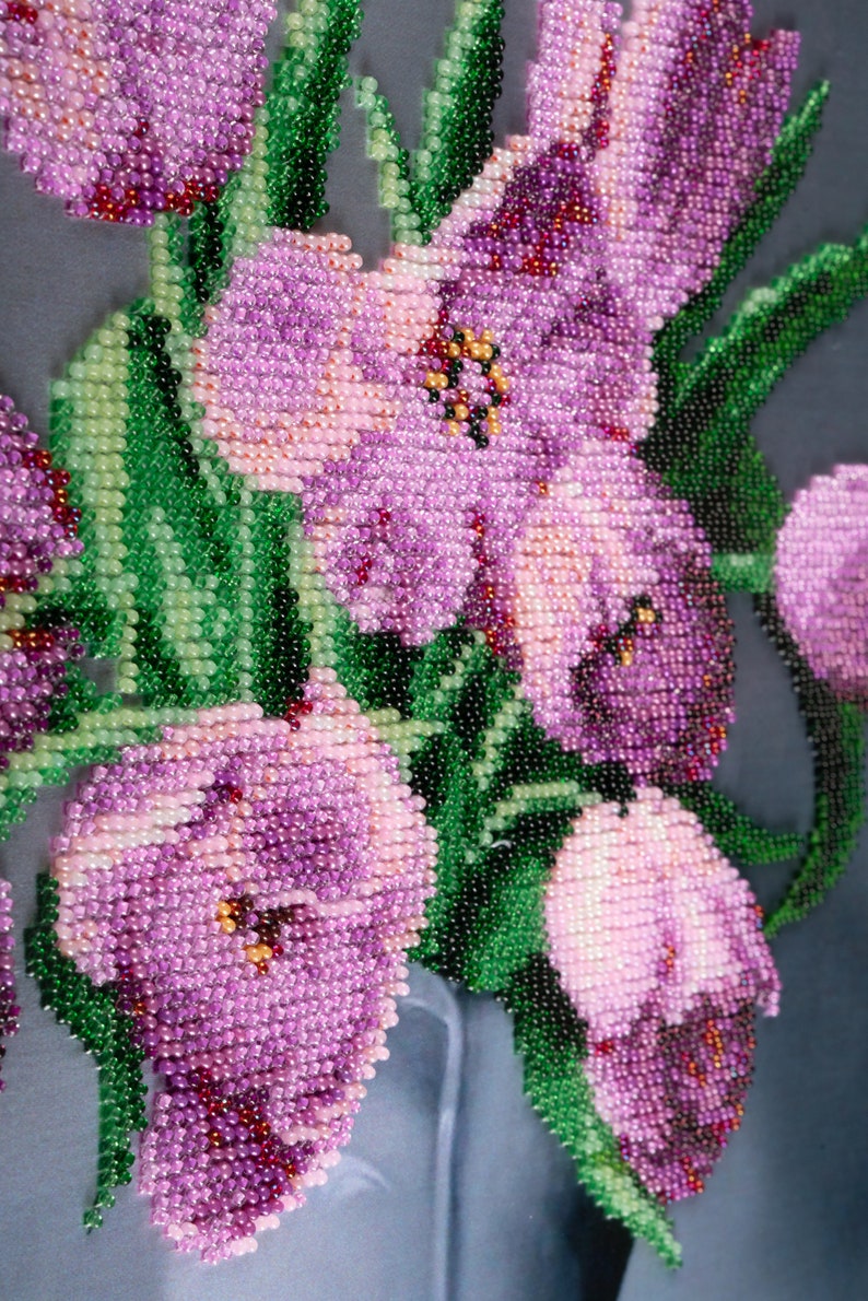 Beadwork Original picture Great Gift Picture embroidered with czech beads Tulips Homedecor Handmade Embroidered picture Framed