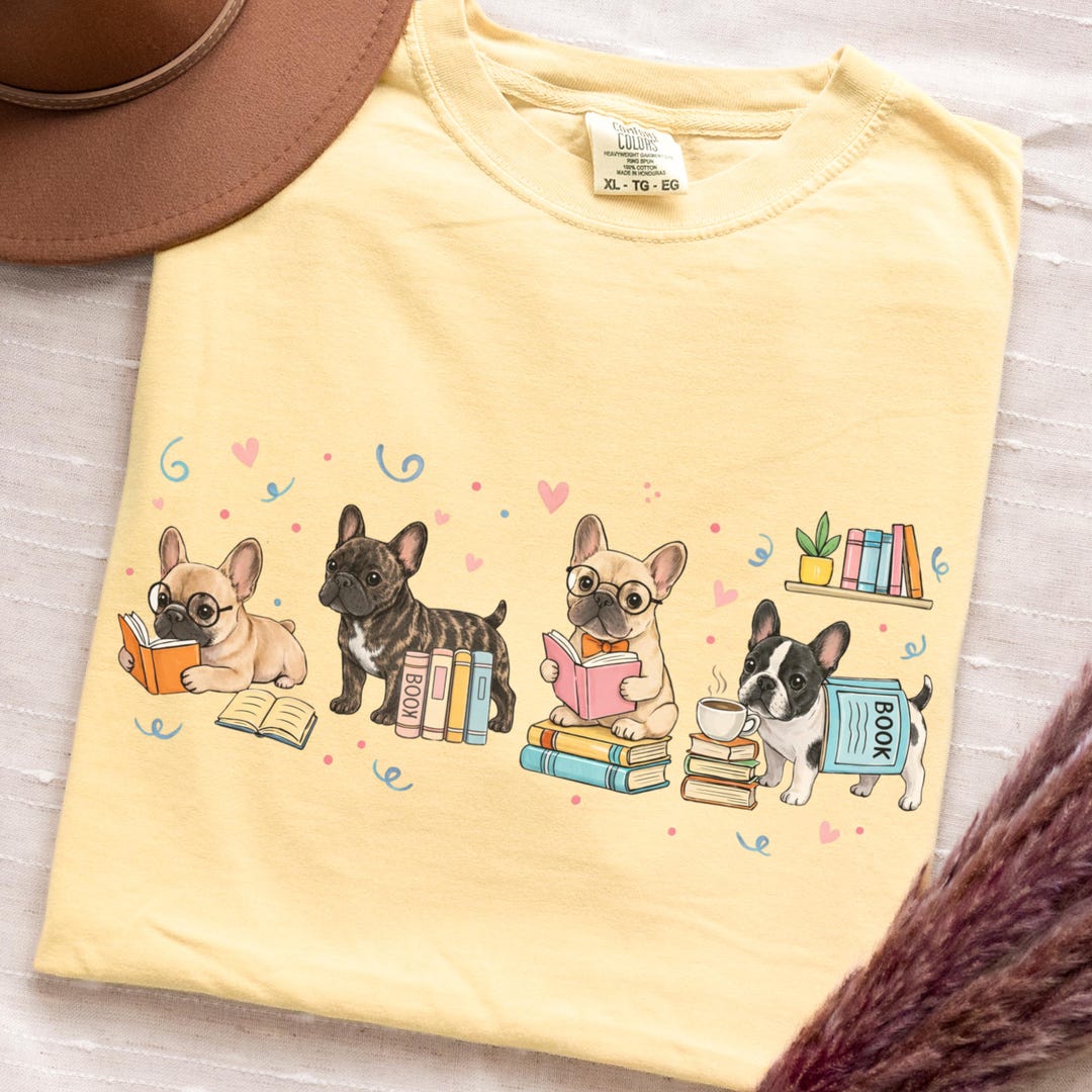 Comfort Colors® Bookish French Bulldog Shirt Design, Frenchies Dog Book ...