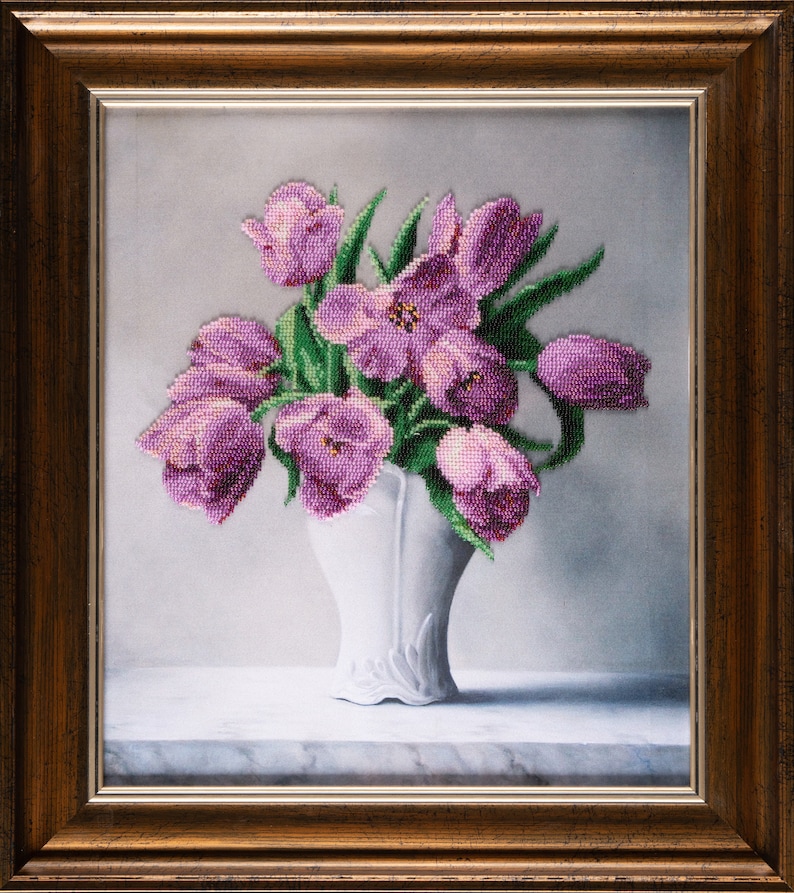 Beadwork Original picture Great Gift Picture embroidered with czech beads Tulips Homedecor Handmade Embroidered picture Framed