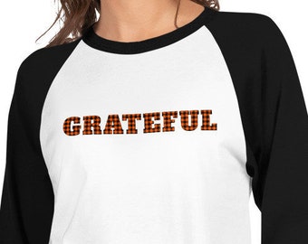 Grateful Shirt, Thanksgiving Gift, Religious Fall Tee, Orange Plaid Print For Autumn, Casual Mom Life Tee, Unisex 3/4 Sleeve Raglan Shirt