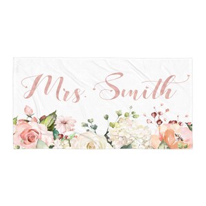 Gift For Bride, Personalized Towel, Rose Gold Mrs Gift, Custom Beach Towel, Bachelorette Party, Bridal Shower Favor, Watercolor Flower Gift image 2