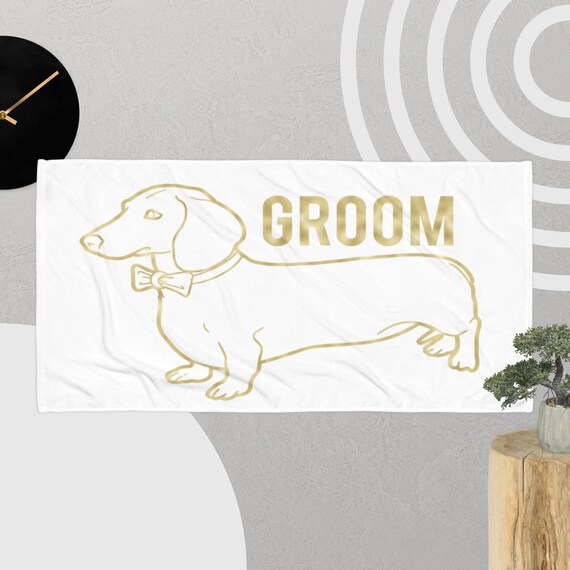 Wiener-Dog Groom Beach Towel - Wedding Gift For Him - Dachshund Dog Lover Present - Bride & Groom Gift - Engagement Gift For Future Husband